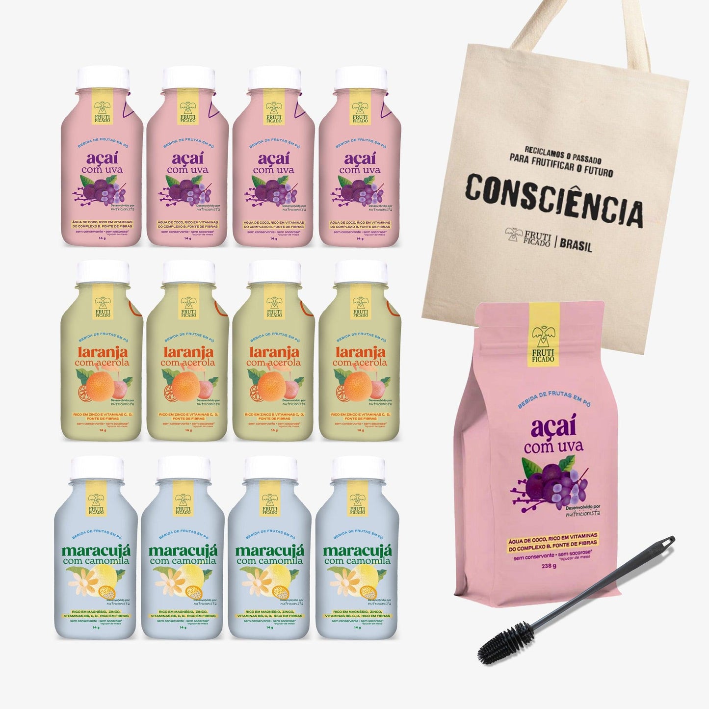 Kit Completo Frutificado: 12 Garrafinhas + 1 Refil Açaí + Ecobag + Escovinha - Frutificado 